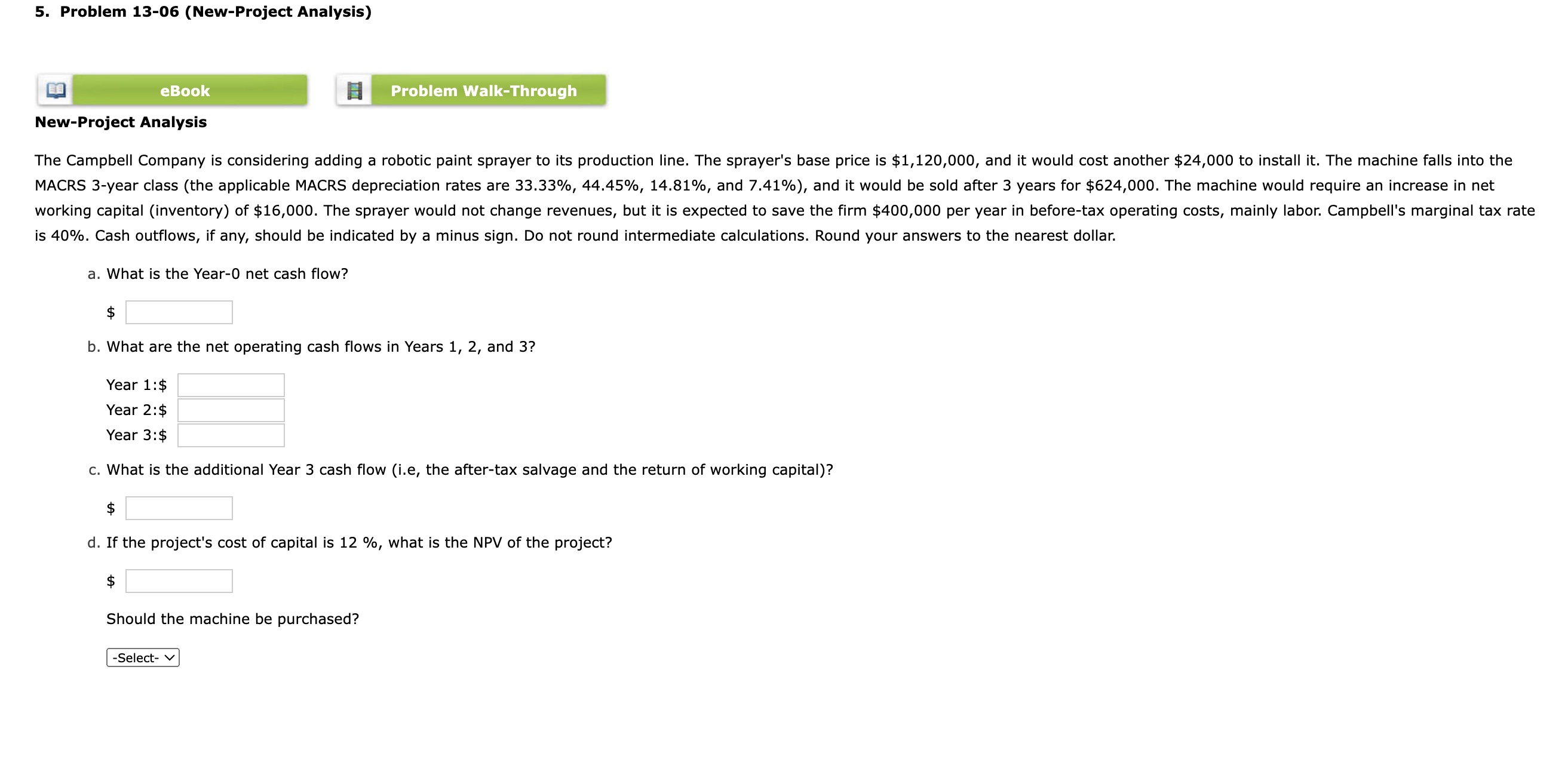  New-Project Analysis is 40%. Cash outflows, if any, should be indicated