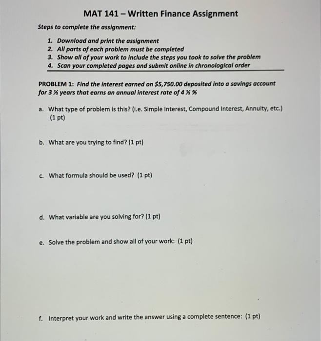 Please Help! This is one problem btw MAT 141 - Written Finance