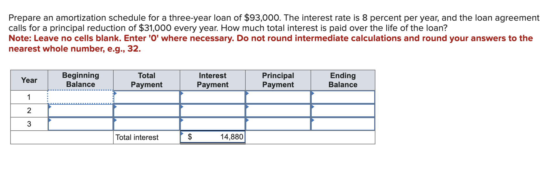  Prepare an amortization schedule for a three-year loan of $93,000. The