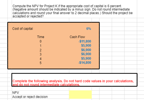  Compute the NPV for Project K if the appropriate cost of