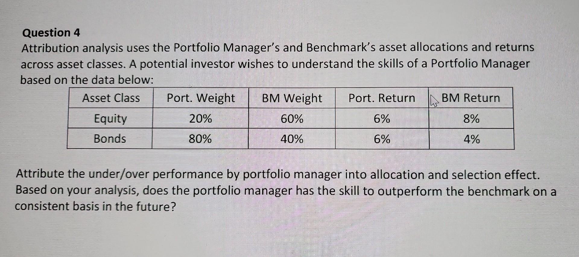  Question 4 Attribution analysis uses the Portfolio Manager's and Benchmark's asset