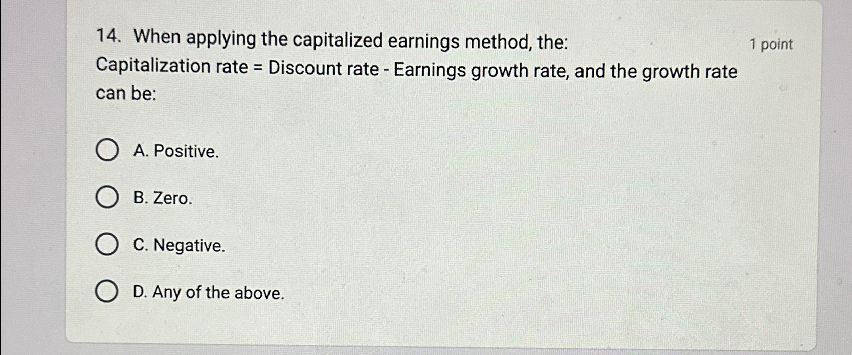  When applying the capitalized earnings method, the: 1 point Capitalization rate