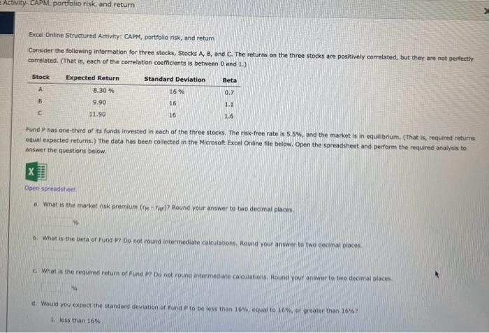  the open spreadsheet : Excel Online Structured Activity: CAPM, portfolio risk,