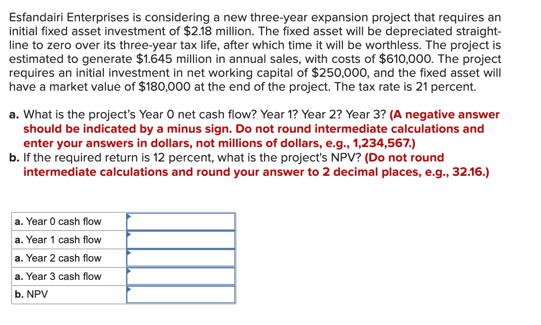 Please show work with excel formulas Esfandairi Enterprises is considering a new