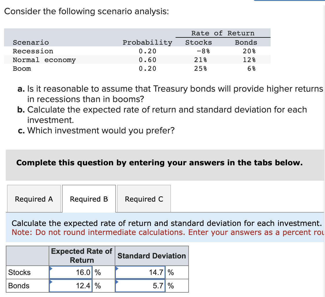 Expected rate of return is correct. need help with standard deviations. Consider