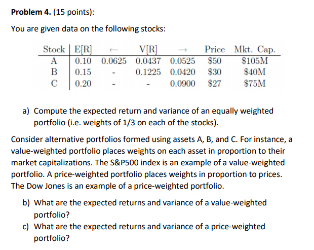 Problem 4. (15 points): You are given data on the following