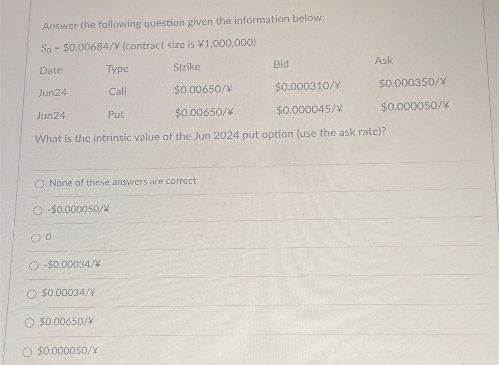  Answer the following question given the information below: \table[[S0=$0.00684(contract size is