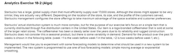  Analytics Exercise 18.2 (Algo) Starbucks has a large. global supply chain