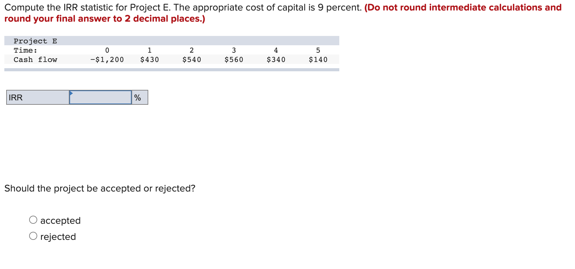 Compute the IRR statistic for Project E. The appropriate cost of