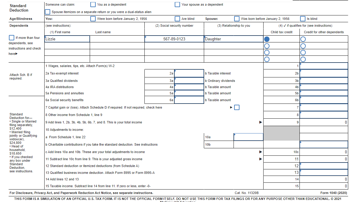 Please help with form 1040 Pg 1 through line 15 thank you!!