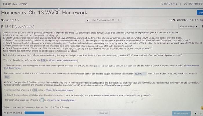  FIN 326 - Winter 20/21 Patrick Duffy & 01/19/211:45 PM Homework: