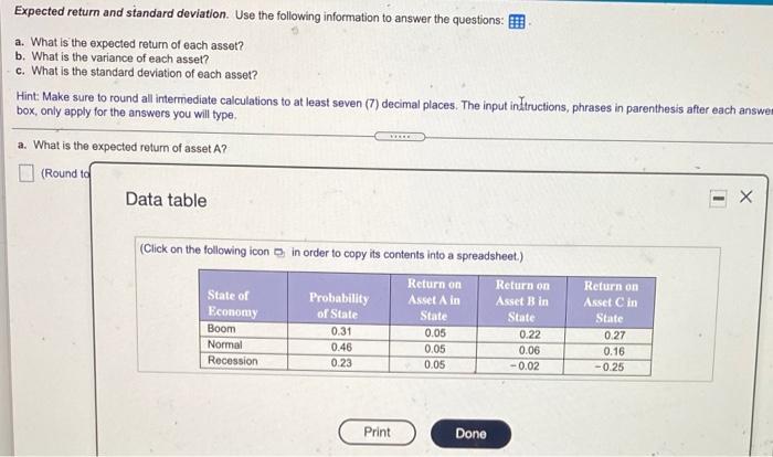  Expected return and standard deviation. Use the following information to answer