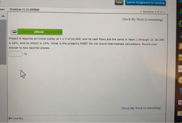  Save Submit Assignment for Grading ons Problem 11.21 (MIRR) Question 3