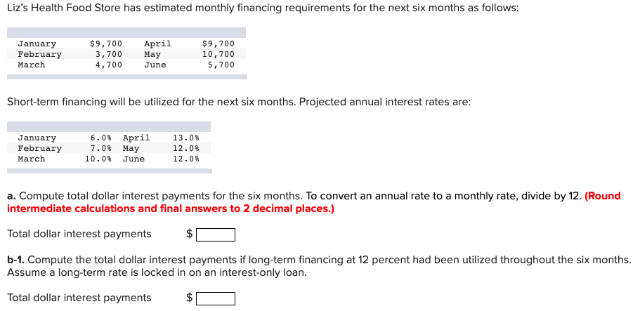  Short-term financing will be utilized for the next six months. Projected