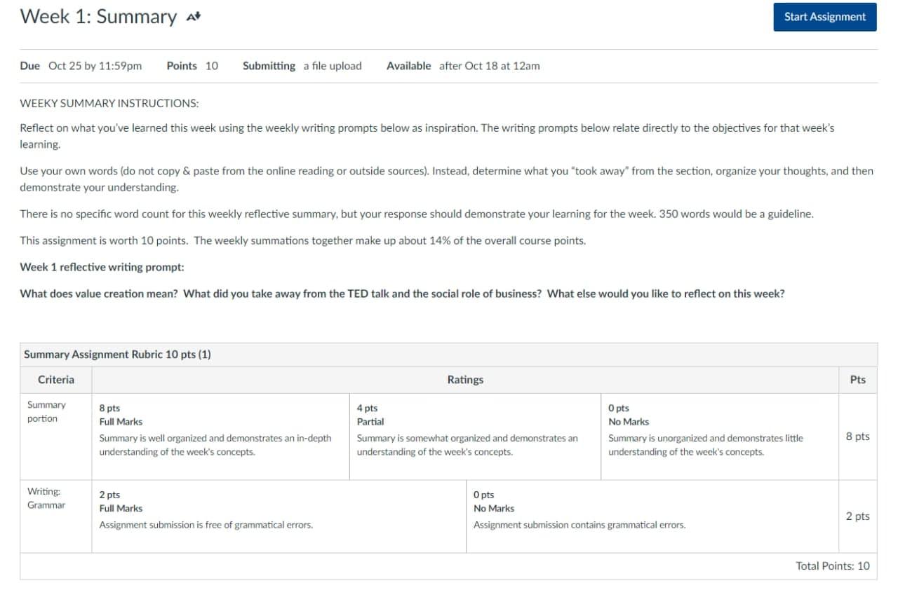  Week 1: Summary At Start Assignment Due Oct 25 by 11:59pm