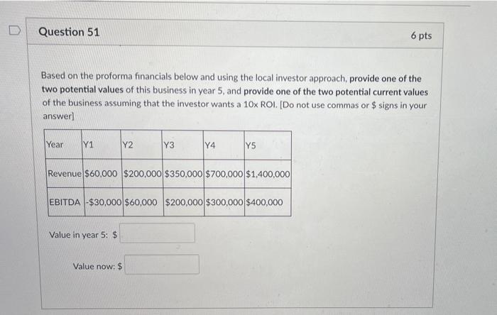  Question 51 6 pts Based on the proforma financials below and
