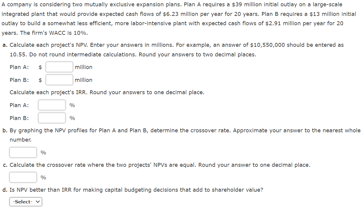 A company is considering two mutually exclusive expansion plans. Plan A