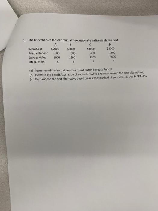  hi 5. The relevant data for four mutually exclusive alternatives is