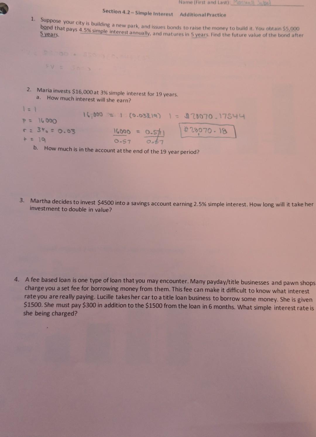 So the worksheet below I am working on simple interest and future