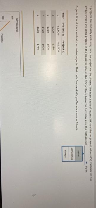  If projects are mutually exclusive, only one project can be chosen.