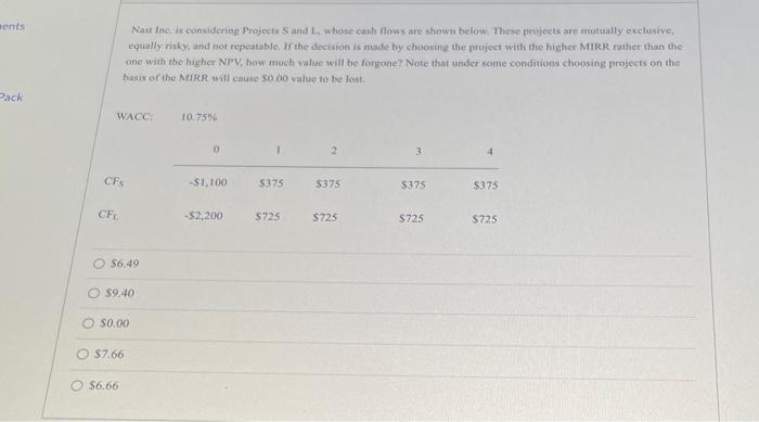 pls only answer Nast Inc. is considering Projects S and L. whose