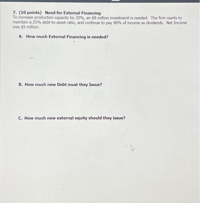  7. (10 points) Need for External Financing To increase production capacity