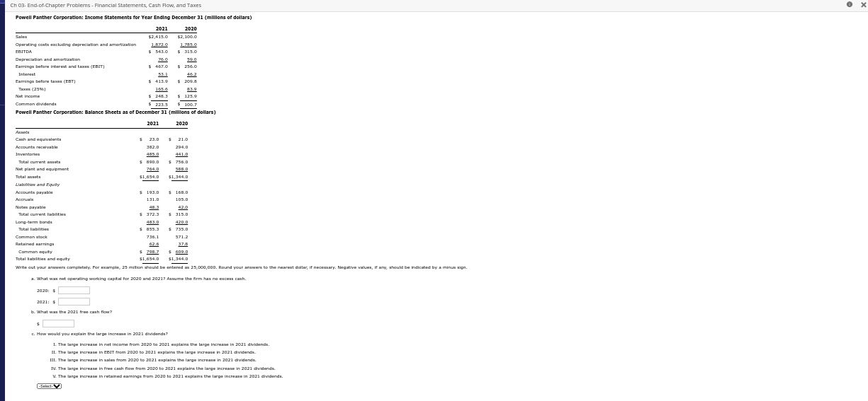  Ch 03- End-of-Chapter Problem1s - Financial Statements, Cash Flow, and Taxes