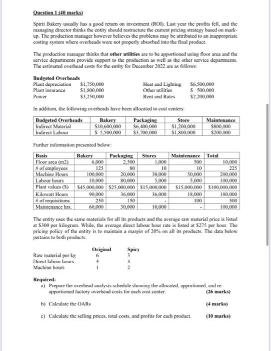  Question 1 ( 40 marks) Spirit Bakery usually has a good