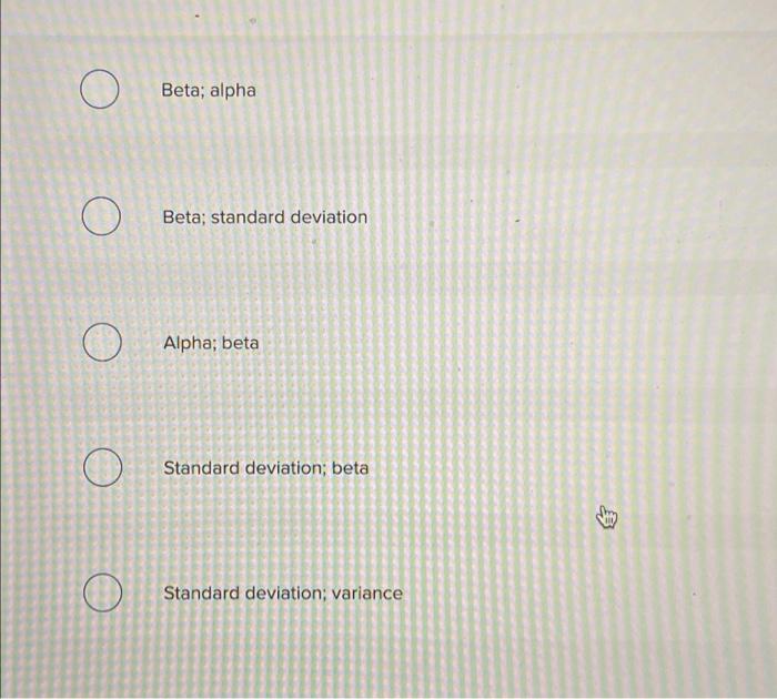 alpha Beta; standard deviation O Alpha; beta O Standard deviation; beta Beta;