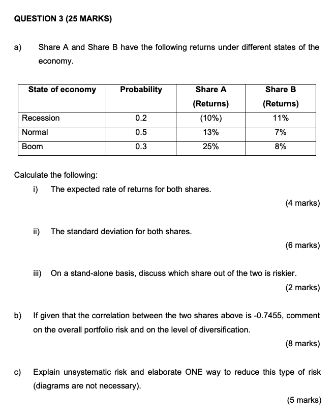 QUESTION 3 (25 MARKS) a) Share A and Share B have