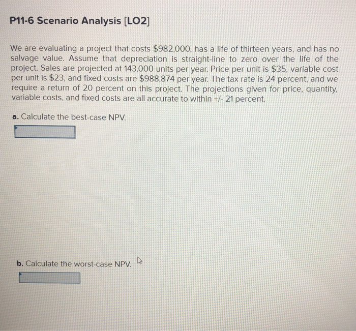  P11-6 Scenario Analysis (LO2] We are evaluating a project that costs