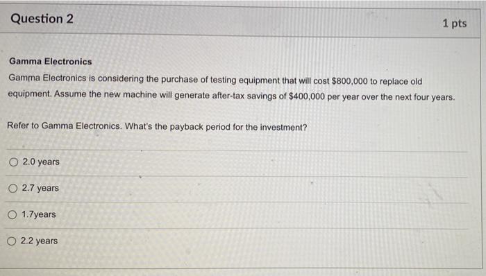  Question 2 1 pts Gamma Electronics Gamma Electronics is considering the