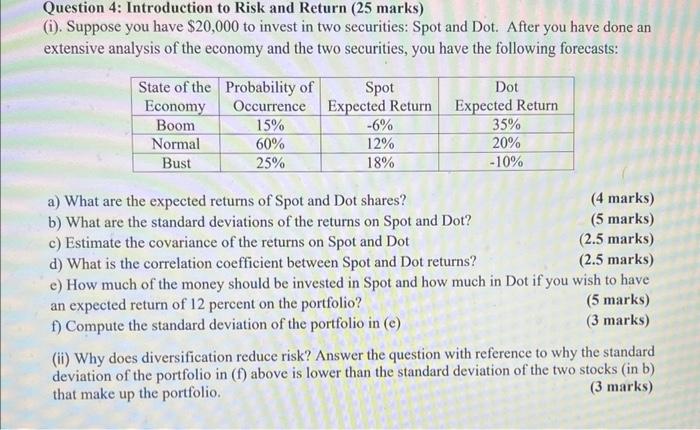 **(ii)** Question 4: Introduction to Risk and Return ( 25 marks) (i).