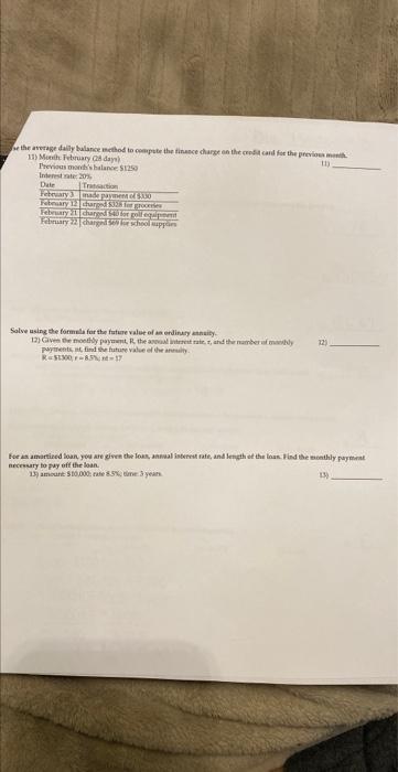  11.) Solve using the average daily balance method to compute the