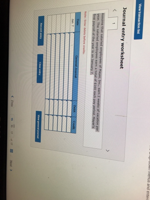 Up Down menus and enteri View transaction list Journal entry worksheet