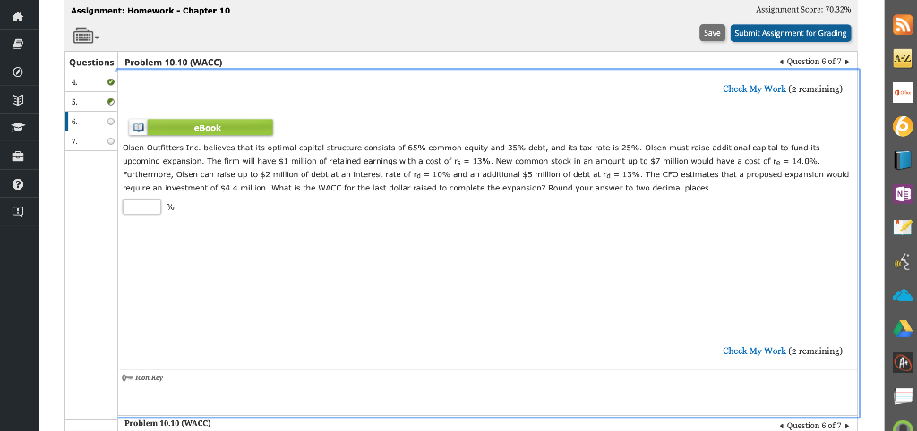  Assignment: Homework - Chapter 10 Assigrument Score: 70.32% Questions Problem 10.10