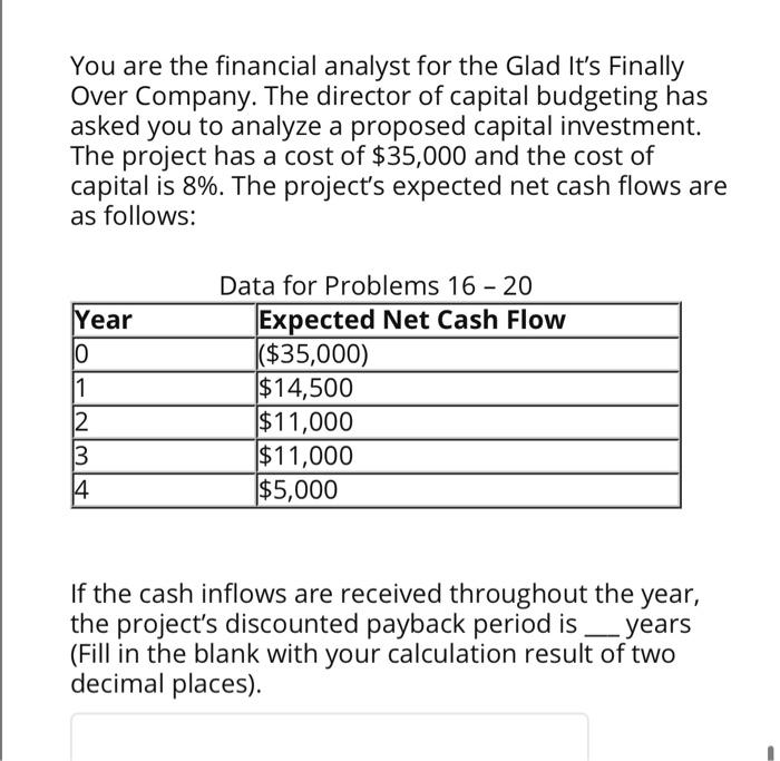 are the financial analyst for the Glad It's Finally Over Company. The