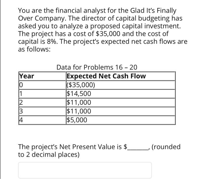 director of capital budgeting has asked you to analyze a proposed capital