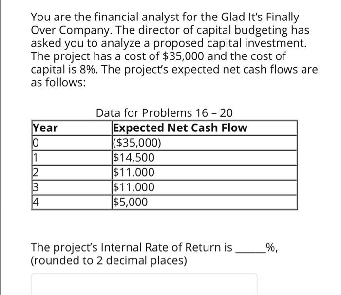 investment. The project has a cost of $35,000 and the cost of