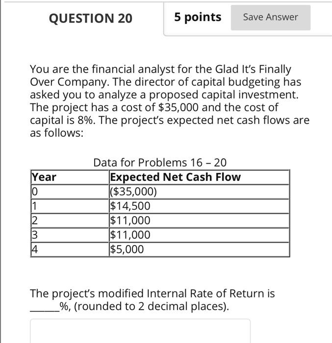 capital is 8%. The project's expected net cash flows are as follows: