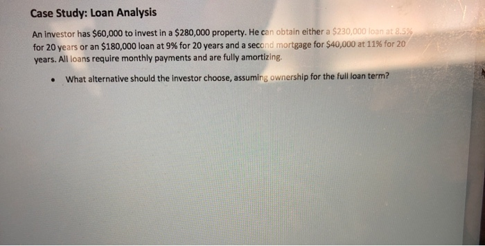 show all work and explain Case Study: Loan Analysis An investor has