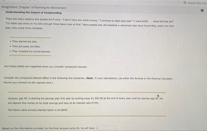  Q Search this cour Assignment: Chapter 14 Planning for Retirement Understanding