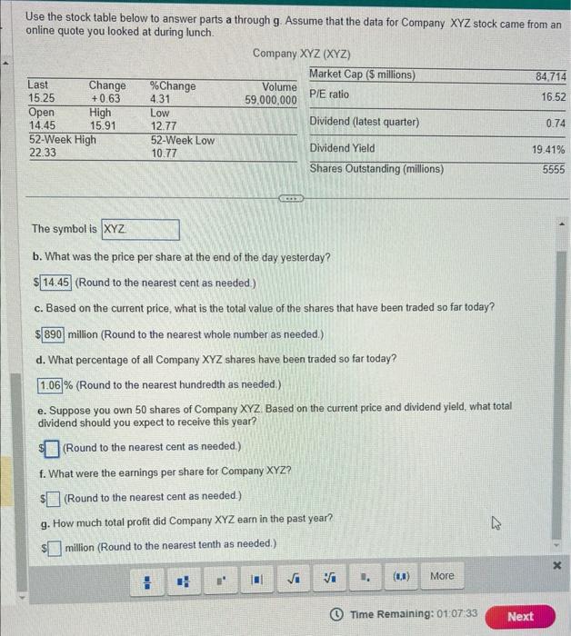 question e, f ,g Use the stock table below to answer parts