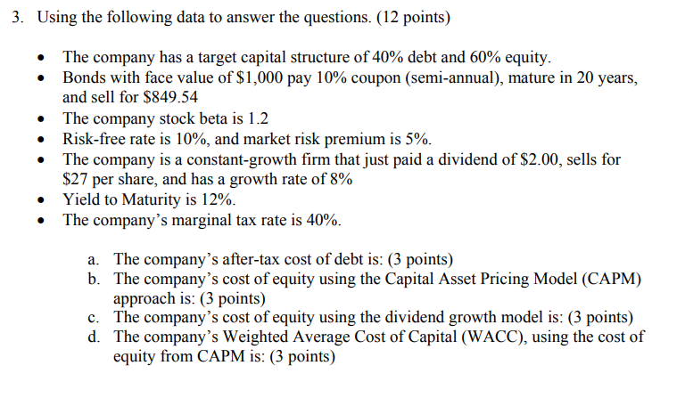  3. Using the following data to answer the questions. (12 points)