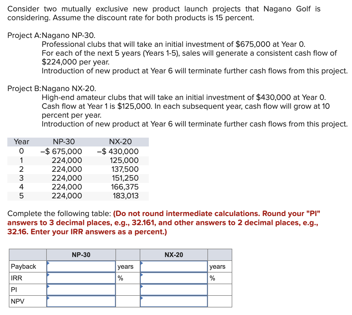 Consider two mutually exclusive new product launch projects that Nagano Golf