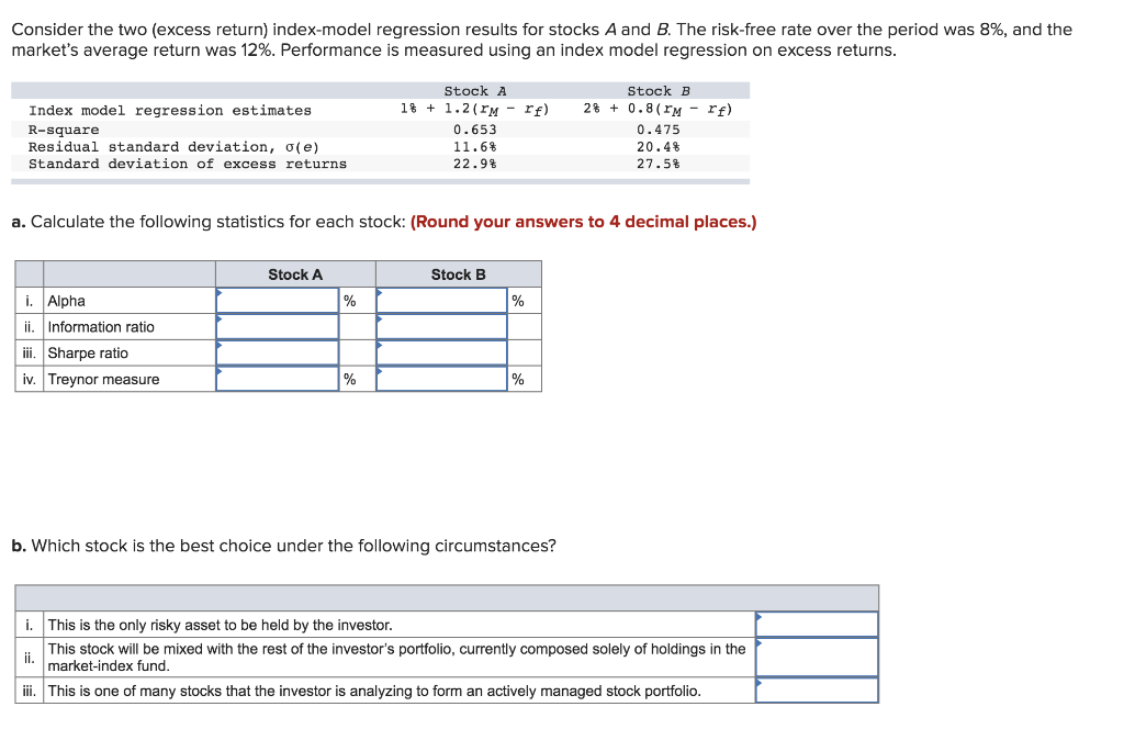 Consider the two (excess return) index-model regression results for stocks A