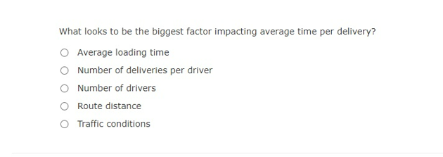 average time per delivery? Average loading time Number of deliveries per driver