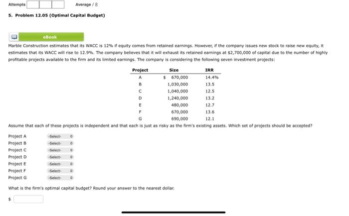 Problem 12.05 Marble Construction estimates that its WACC is 12% if equity