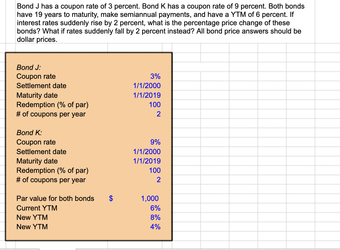 Please help with excel formulas. Thank you. Bond J has a coupon