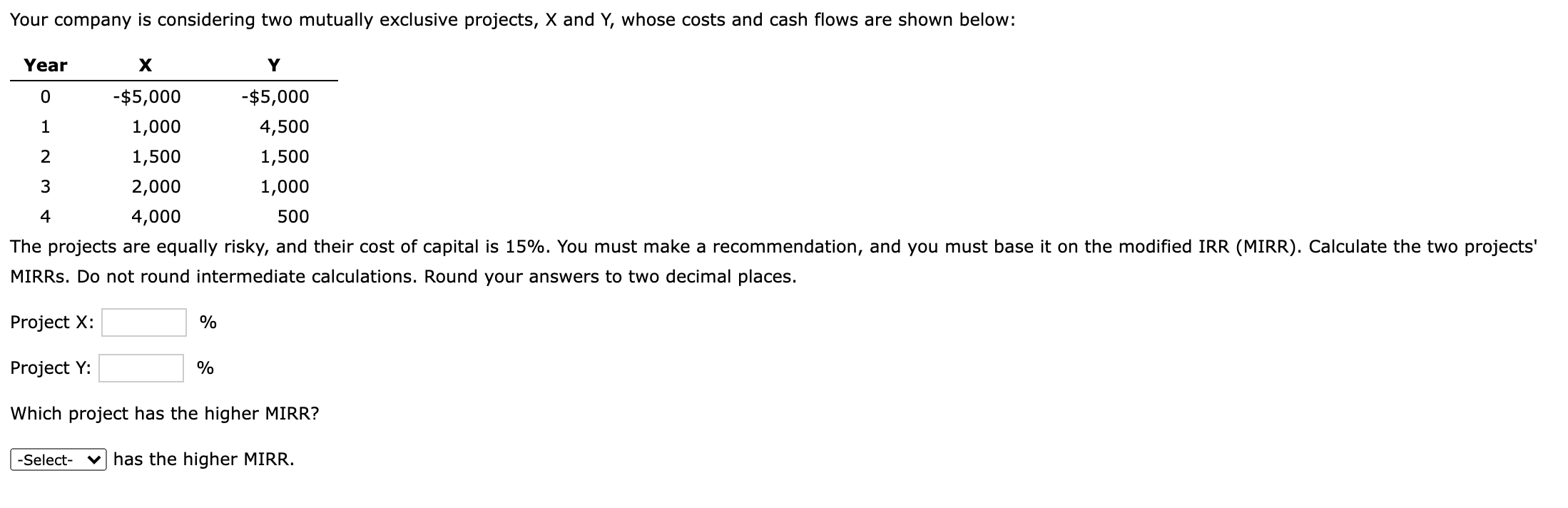  Your company is considering two mutually exclusive projects, X and Y,